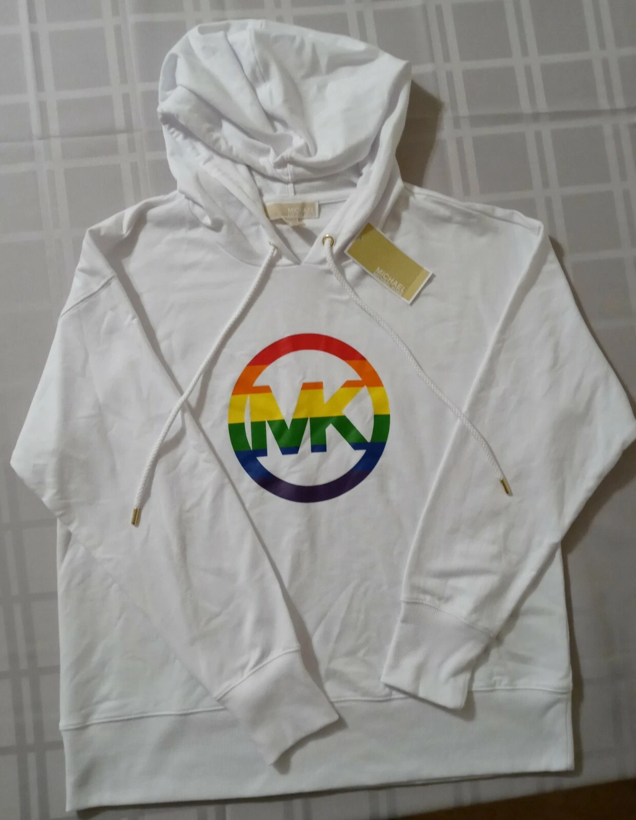 Felpa felpa Michael Kors donna bianca Pride MK logo nuova con etichetta taglia S