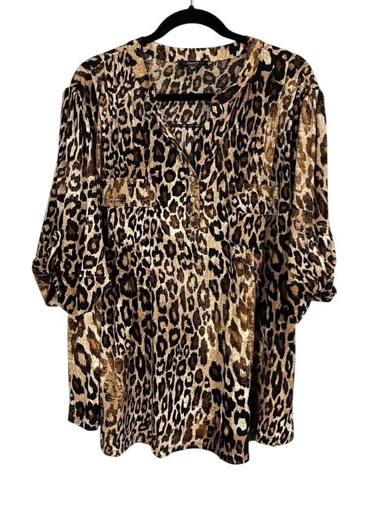 Cocomo Top Women 3X Black V Neck Animal Print Pullover Metallic Buttons Leopard