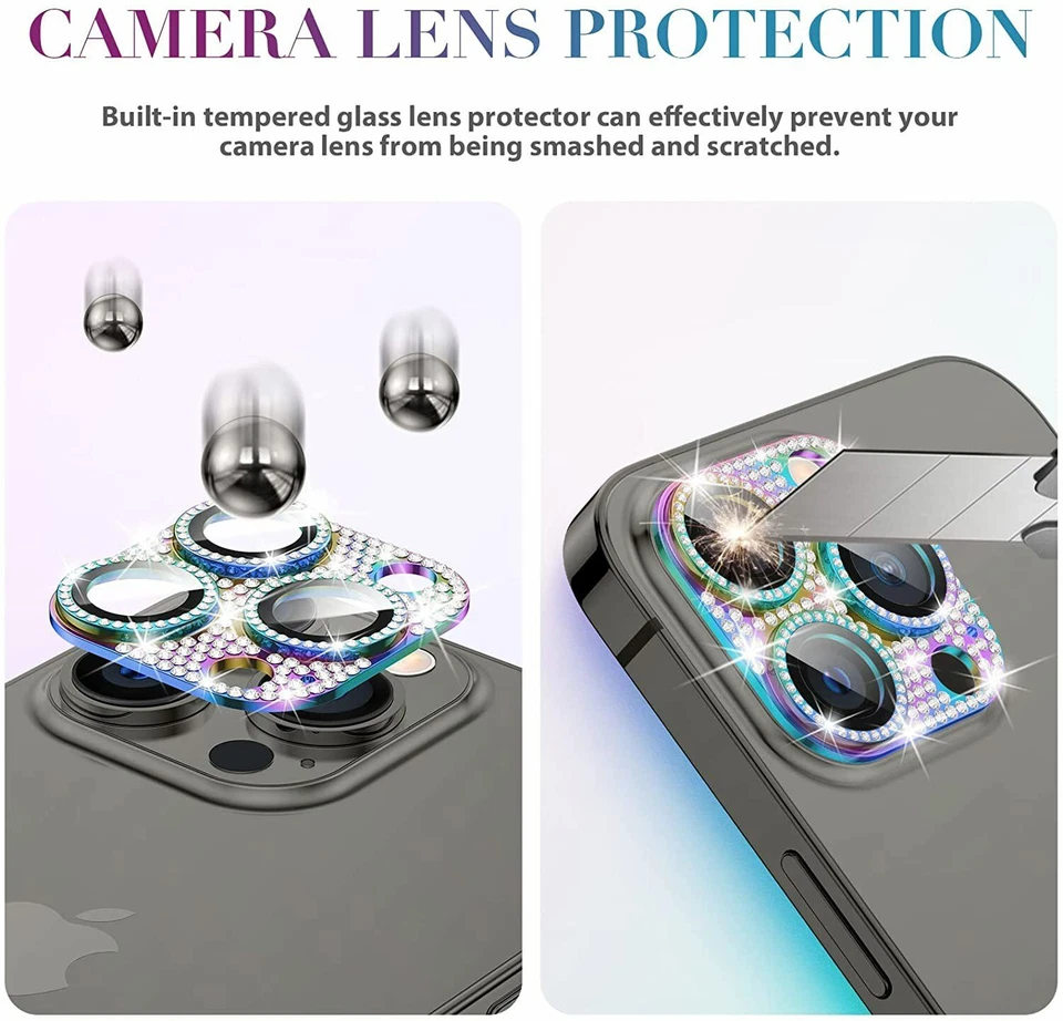 Protector de lente de cámara delgado de metal diamante brillante para iPhone 13 14 16 Pro Max 15 11 Foto 3 de 4