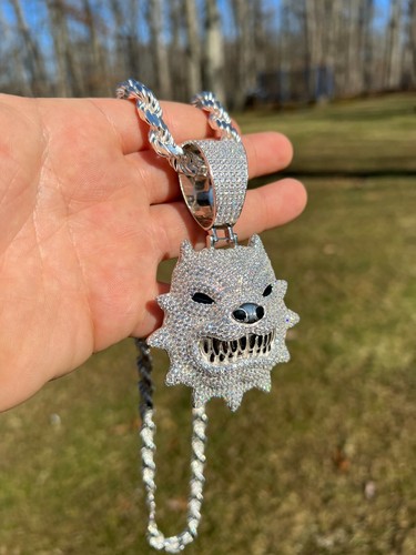 Huge 3.5" Iced Hip Hop 925 Silver Angry Pitbull Dog Animal Pendant Necklace CZ - Picture 13 of 14