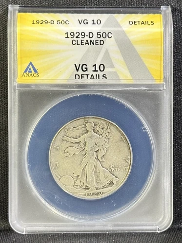 1929-D Walking Liberty Half Dollar ANACS VG10 Details Better Date Hole Filler