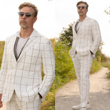 White Checked Men's Suit Workwear Jacket Tuxedo Daily Business Casual 2Pcs
