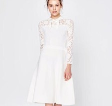 Women's White Lace Long Sleeve Dress Bow Collar Bridal Tea Party Modest Vintage