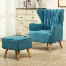 High Scallop Back Queen Anne Wing Back Armchair Fireside Sofa Lounge Chair+Stool