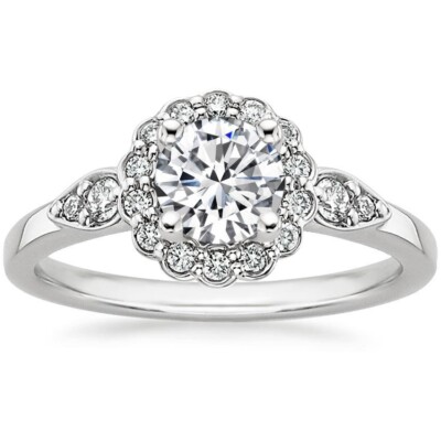 Round Lab Grown Diamond Floral Pattern In 10K White Gold Halo Style Bridal Band