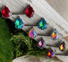 PAIR Aurora Borealis Effect Crystal Gem Tear Drop Nipple Rings Shield Barbells