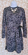 Women's Sz. 12 Tunic Dress Black Geometric Print Side Tie Long-Sleeve Mock Neck