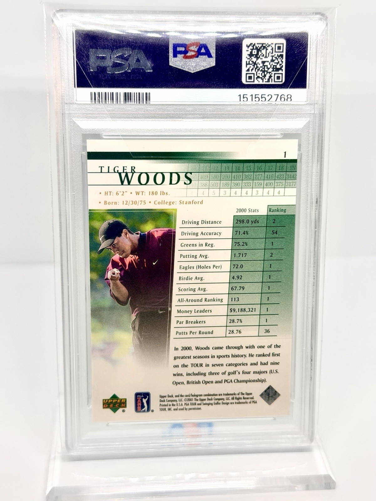 2001 Upper Deck - Tiger Woods #1 (RC) Rookie Card PSA 8 view 2