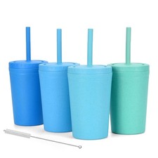 Reusable Wheat Straw Cups with Lid and Straws, 10 Oz Chip Resistant Drinking ...