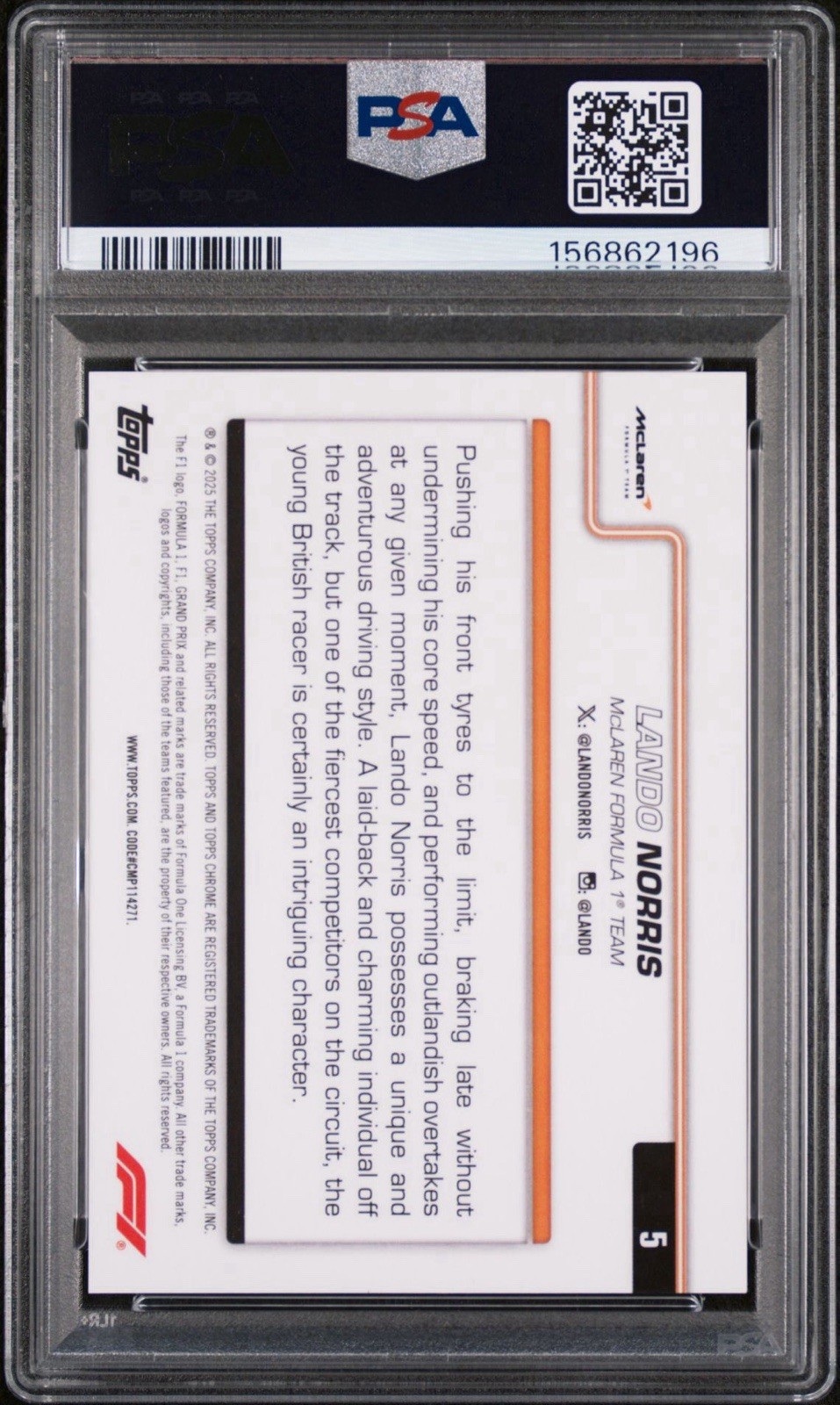 2025 Topps Chrome Formula 1 F1 Lando Norris Orange Raywave /25 #5 PSA 10 Pop 1 view 2