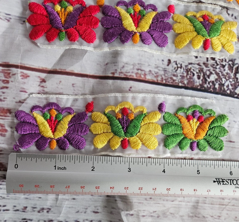 Vintage Lot 6 Embroidered Floral Applique Trim 6in Ribbon Craft Sewing Pieces - Image 2 of 4