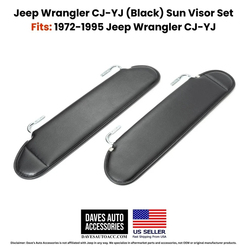 Parasoles Jeep CJ YJ Wrangler 72-95 NEGROS | Hechos en EE. UU. | Par de ajuste directo Foto 2 de 4