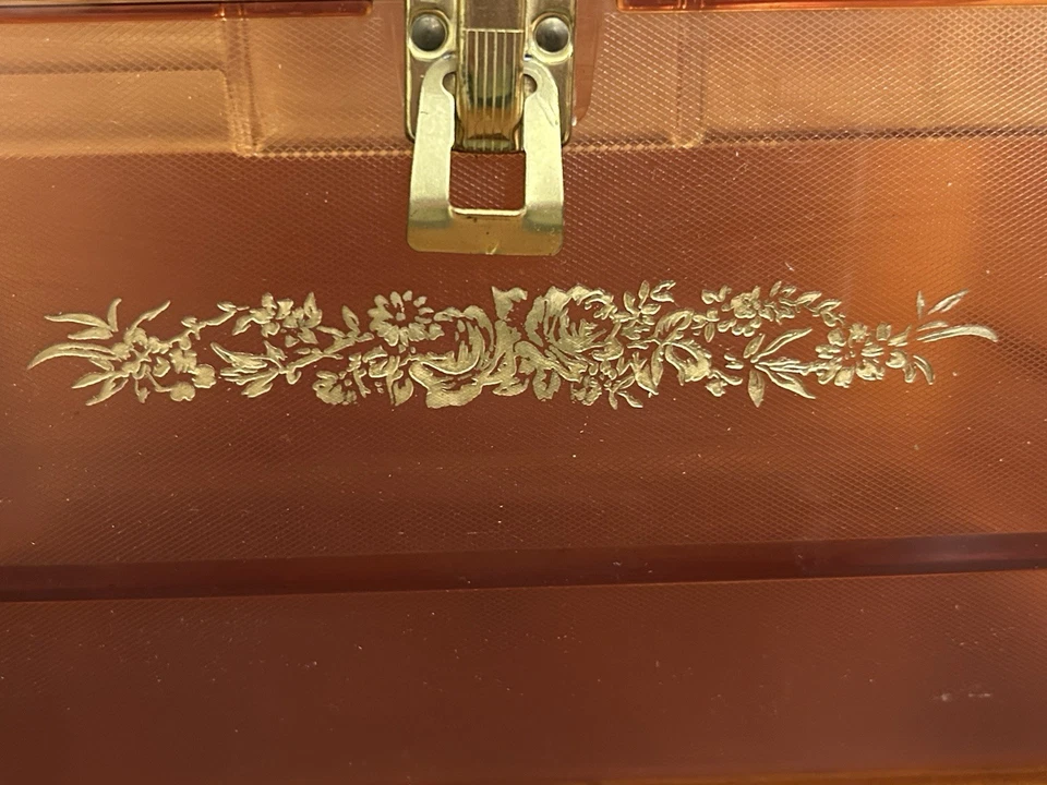 "Caja artesanal de costura translúcida ámbar grande de colección con bandeja dorada floral LEER 12,5X8""" Foto 3 de 4