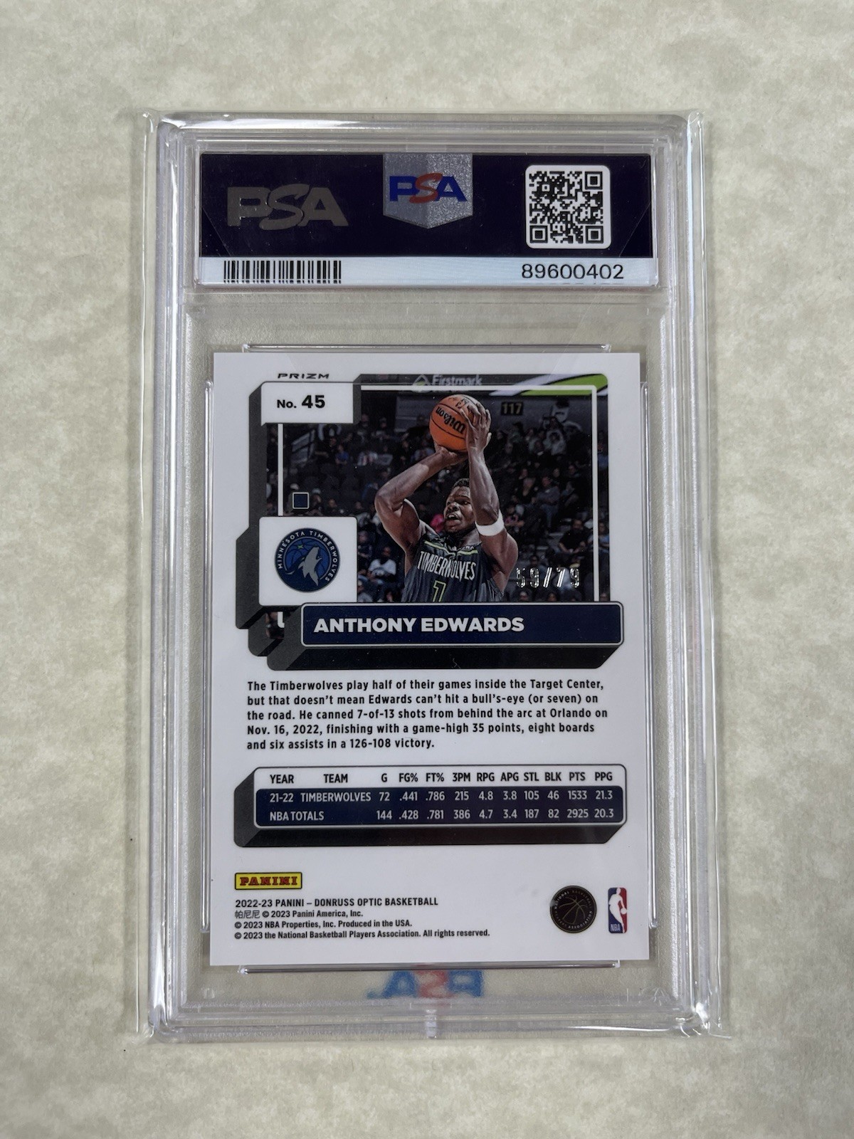 2022 Donruss Optic Pink Velocity #45 Anthony Edwards PSA 10  /79 view 2