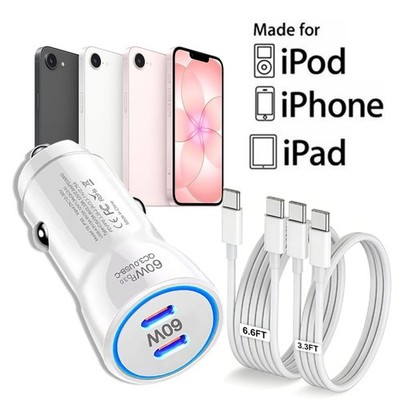 60W Double Type-C Fast Charging Car Charger For iPhone 17e 17 16 15 14 Pro Max