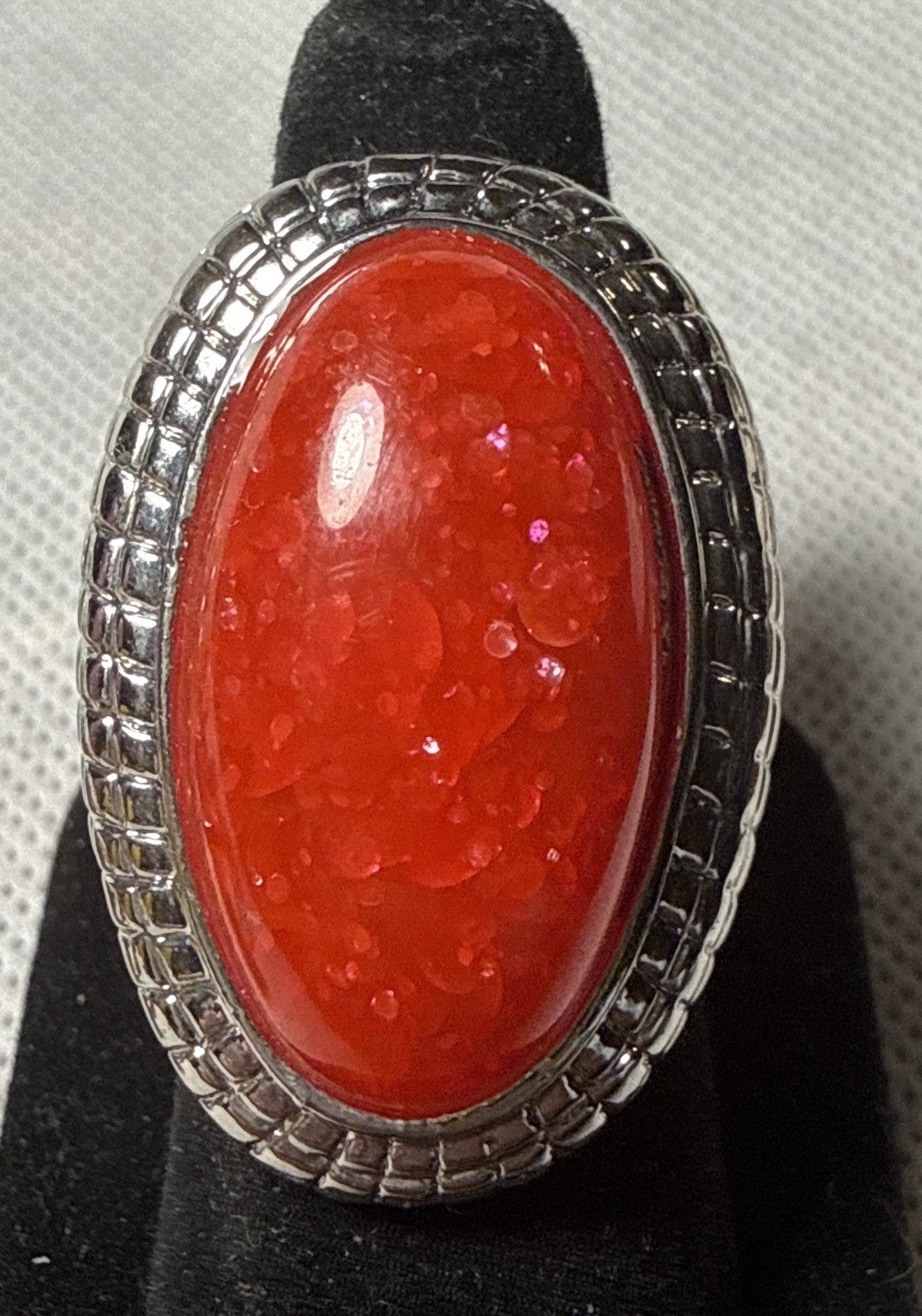 Large Red Cabochon Statement Ring Silver Tone Ova… - image 1