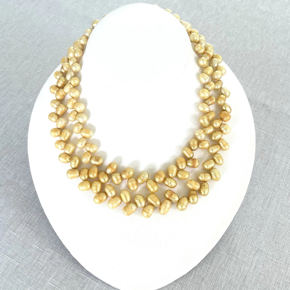 Collar de perlas genuinas cultivadas de agua dulce de doble hilo amarillo dorado Foto 3 de 4
