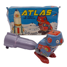 Rare Vintage 1965 ATLAS V2 Rocket Robot Wind-Up Space Tin Toy in Box Argentina