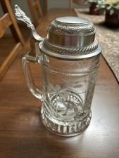 Etched Glass Beer Stein With Pewter Lid Great For Taking To A Beer Garden.