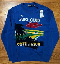 NWT! Mens Polo Ralph Lauren Cotton Graphic Sweater RL Aero Club Cote d' Azur L