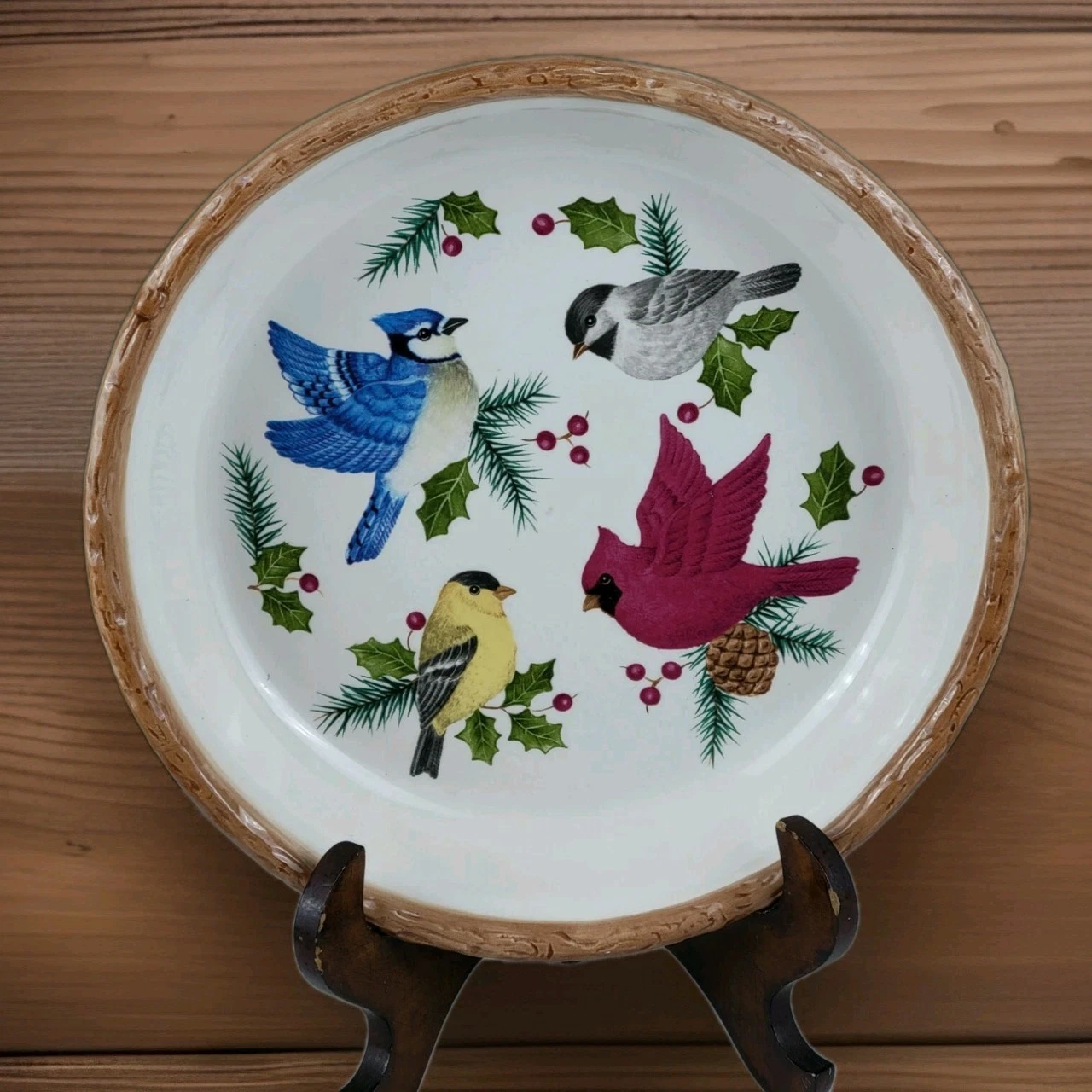 Sonoma Home Knollwood Deep Pie Serving Plate - Various Birds Center, Brown Trim