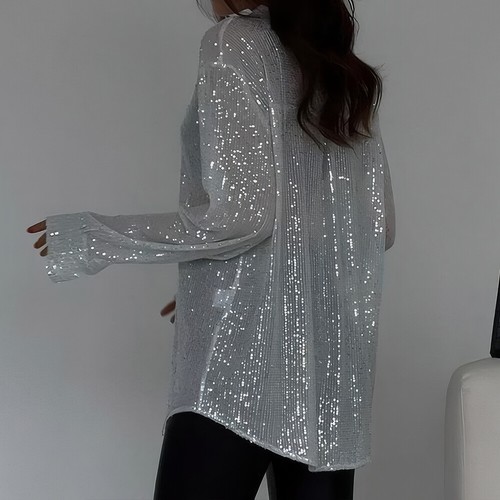 Womens Solid Single Breasted Sequin Turn-down Collar Long Sleeve T-shirts Blouse - Picture 5 of 17