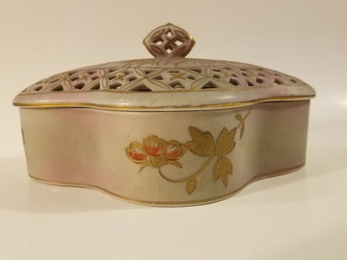 Moriage Trinket Box Toshiro Large Gray Purple Pink Floral Motif 8.5" L 6.25" W - Picture 2 of 7