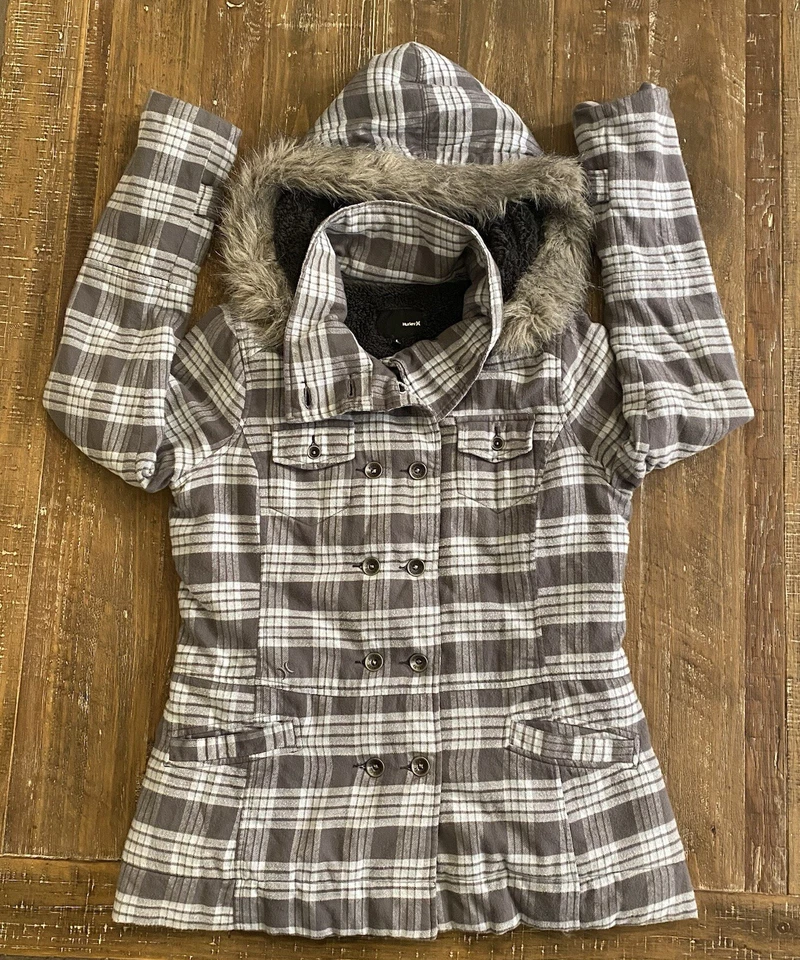 Abrigo con Capucha Hurley Para Mujer L Gris Azul A Cuadros Cálido Forrado Sherpa Capucha Extraíble Foto 3 de 4