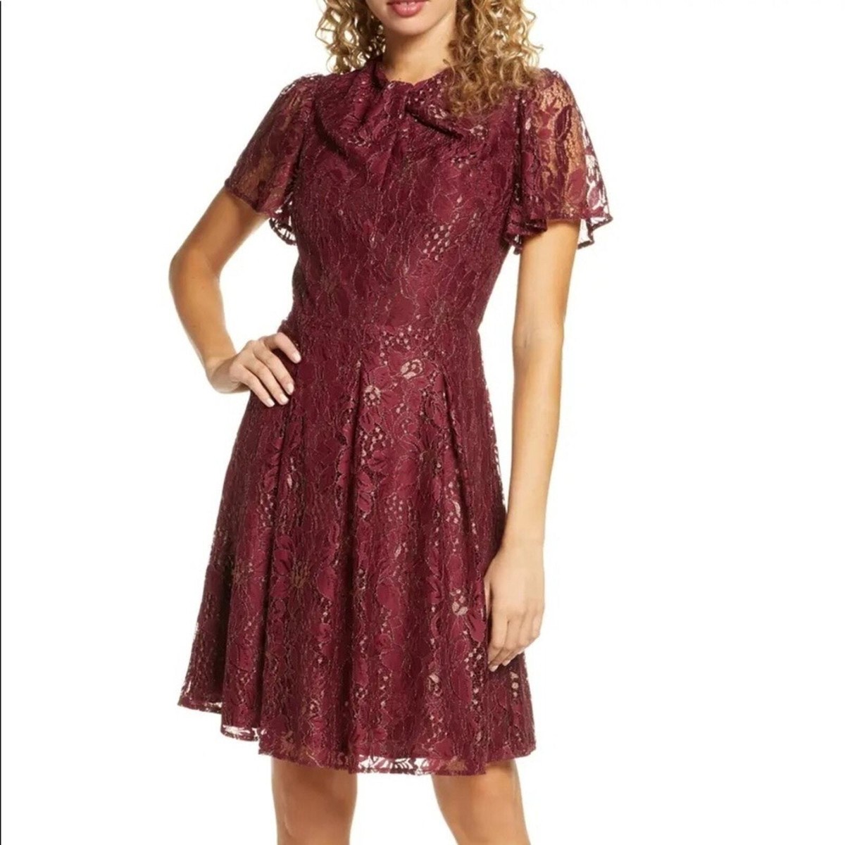 Chelsea28 Metallic Lace Fit Flare Red Dress Gold L Chelsea28 Metallic Lace Fit Flare Red Dress Gold L