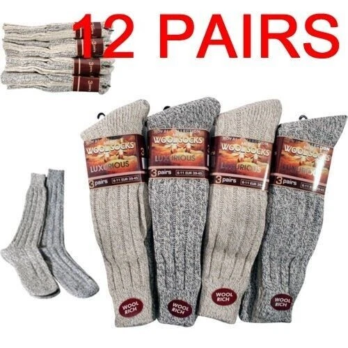 12 PAIRS MENS WINTER LONG WOOL SOCKS THERMAL WARM THICK WOOL WALKING 6-11 NEW