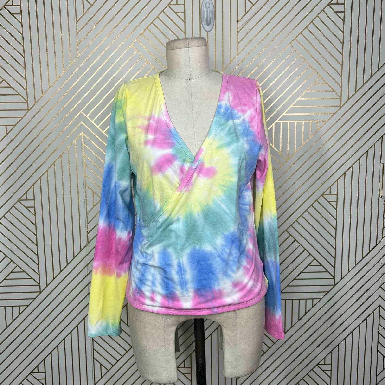 CHASER Long Sleeve Ballet Wrap Top In Tie Dye Pink Yellow Size Large | eBay