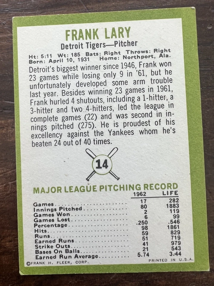 1963 Fleer - #14 Frank Lary - Image 2 of 2