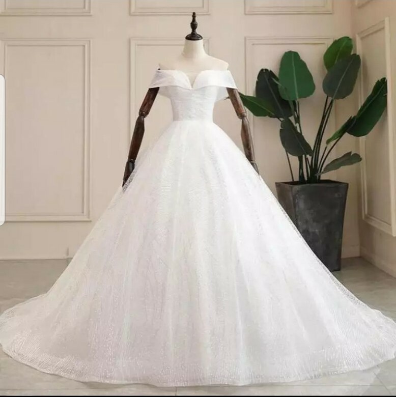 White/Ivory Sequins Tulle Plus Size A Line Off shoulder Wedding - Main Image