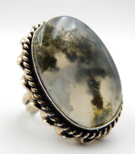 VINTAGE STERLING SILVER OVAL GREEN AGATE STONE HANDMADE RING SIZE 7.75