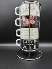 Set of Four  Pier 1 Imports Inspirational Love Porcelain Coffee Cups with Rack