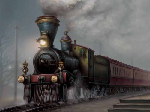 Home Art Wall Decor Steam Train Vintage Oil painting Picture Printed on canvas - Picture 1 of 2