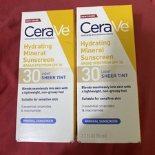 2 X CeraVe Hydrating Mineral Sunscreen SPF 30 Light Sheer 1.7 oz EXP-05/2027