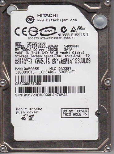 Hitachi HTS543225L9SA00 PN:0A59055 250gb 2,5" Teile funktionieren nicht