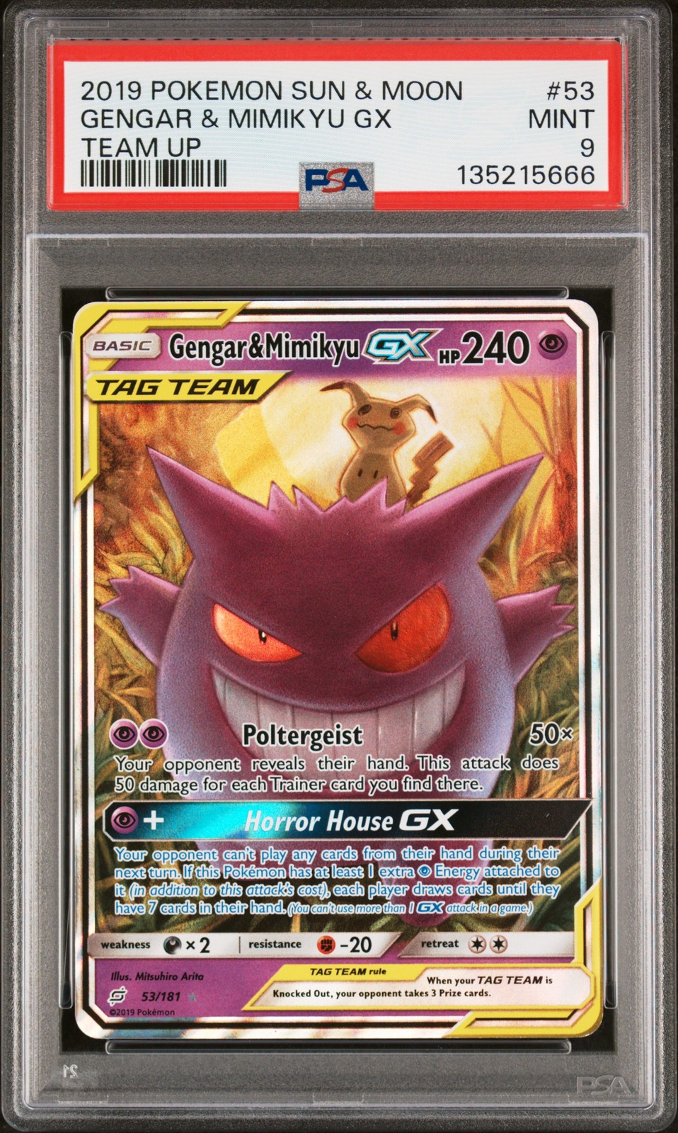 2019 POKEMON SUN & MOON TEAM UP #53 GENGAR & MIMIKYU GX PSA 9