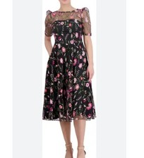 Eliza J Embroidered Black Floral Illusion Neck Cocktail Midi Dress Sz 4 Nwot New
