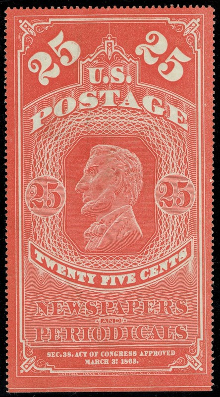 [AC29] USA 1875 Scott#PR7 Newspaper 25¢ mint no gum as issued cv:$300