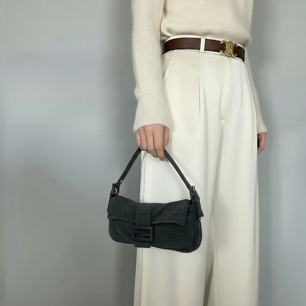 Fendi — Rank AB+* FENDI Mamma Baguette Shoulder Bag Dark Gray Cotton