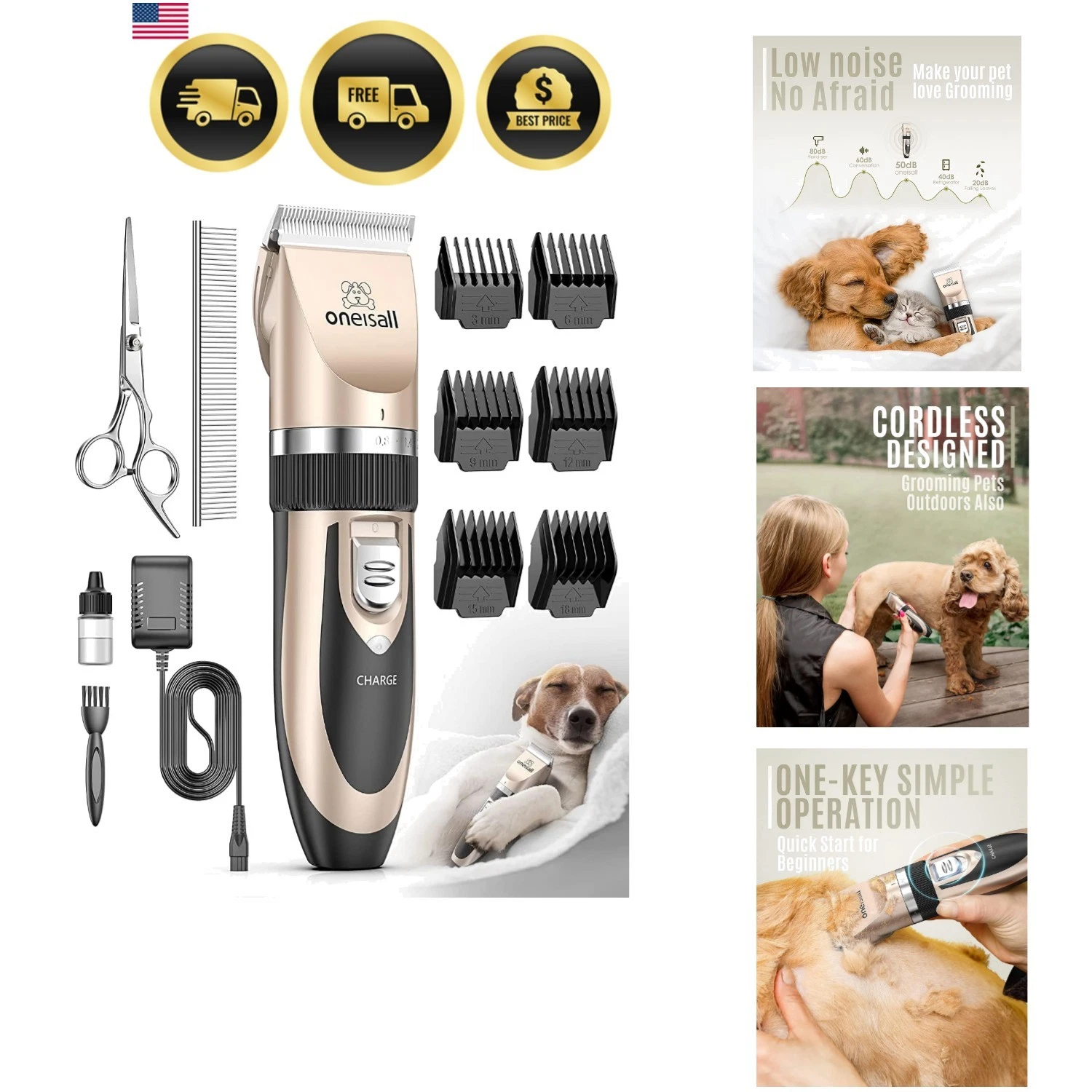 Dog Clipper Low Noise Cordless Electric Grooming Kit for Pets with Guide Combs