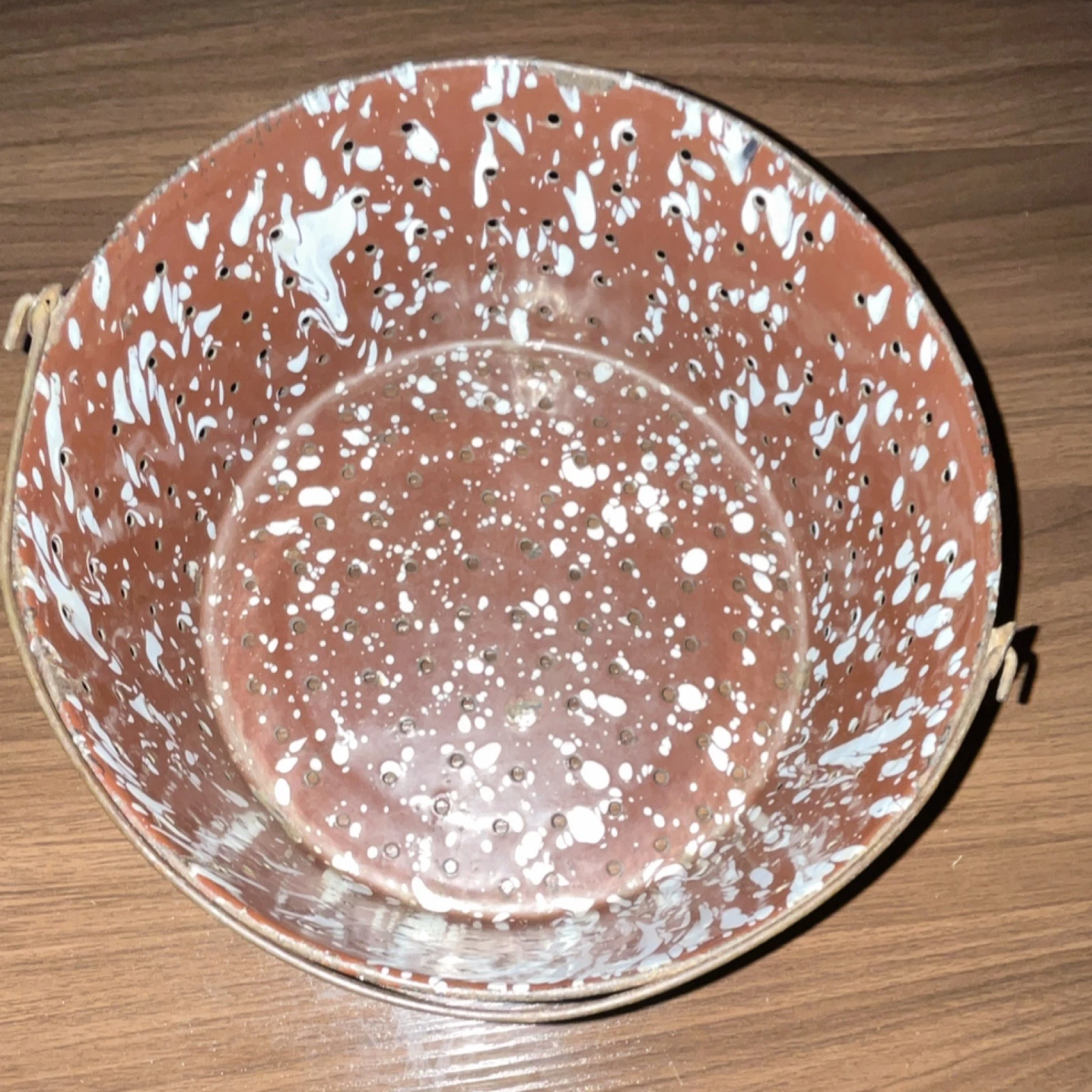 Vintage Metal Spotted Brown White Colander Round With Handle