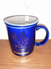 RARE Vintage CUNARD Cruise LINES Lion SHIP Logo BLUE mug WITH lid COVER!