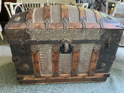 Antique Dome Top Steamer Trunk - Alligator Tin Sides & Wood Banding: Patent 1880