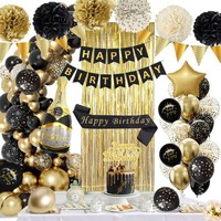 Geburtstagsdeko Schwarz Gold Set Happy Birthday Banner Luftballons Pompons FüR