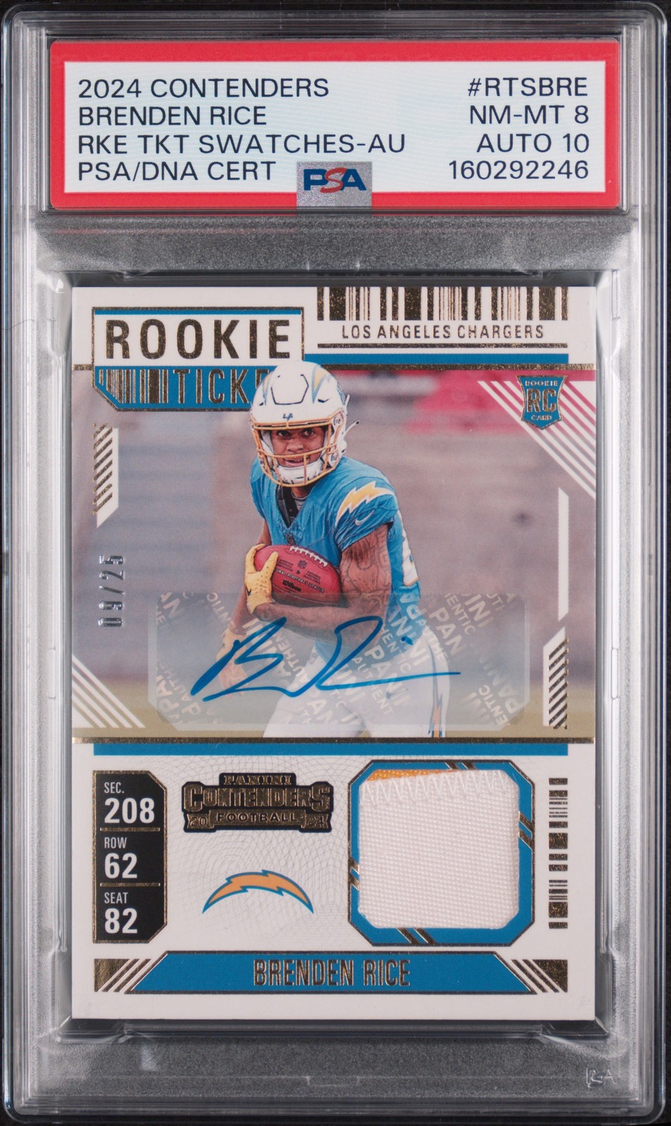 2024 CONTENDERS ROOKIE TICKET SWATCHES AUTO BRENDEN RICE RC 09/25 PSA 8 AUTO 10