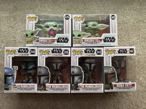 Funko Pop Star Wars Mandalorian Lot 326, 345, 348, 462, 465, 474 Boba Fett Grogu