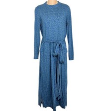 Boden Blue Green Floral Knit Mock Neck Long Sleeve Maxi Dress Pockets Tie Waist